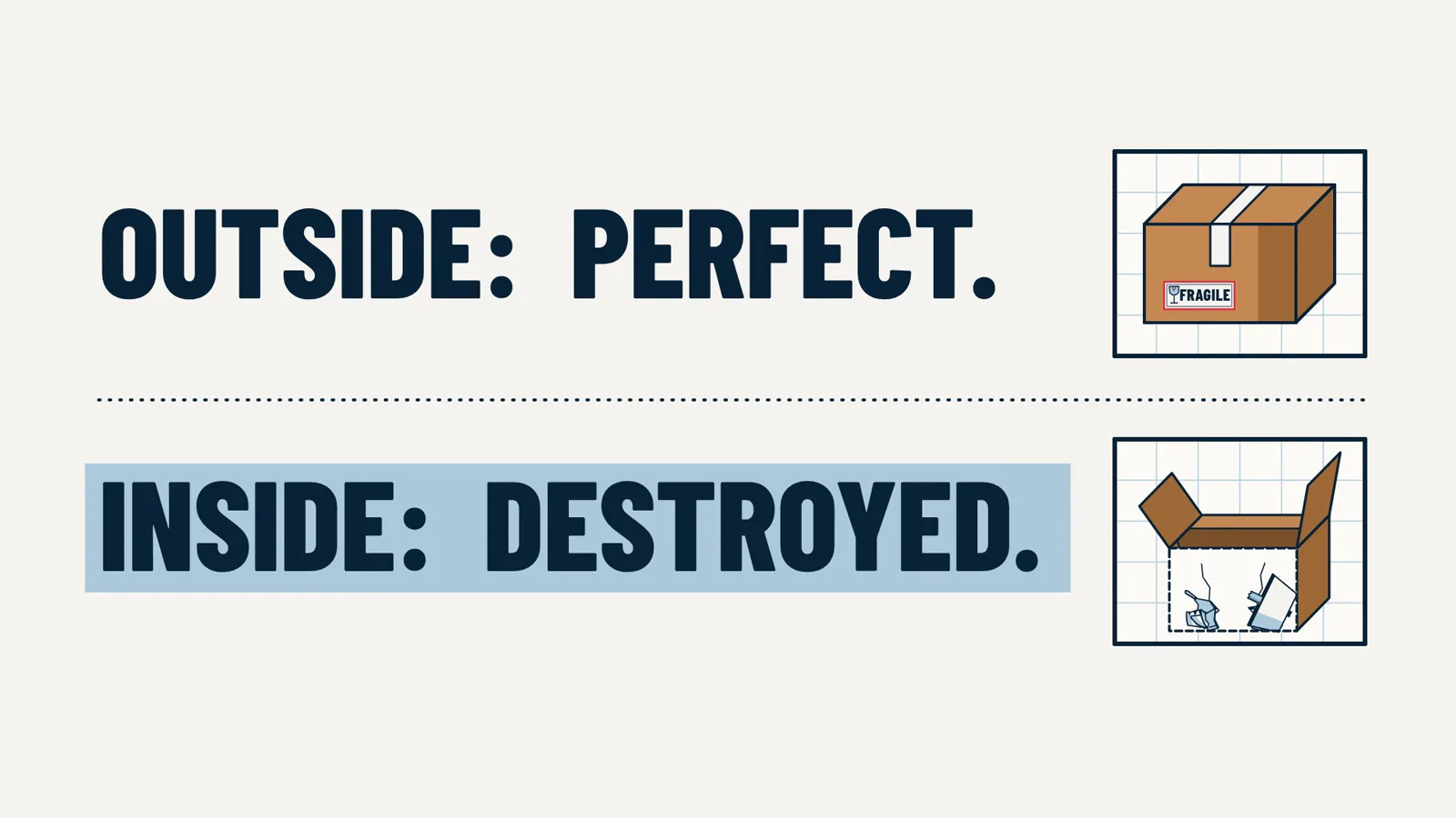 Frame from the film: Outside: perfect. Inside: destroyed.